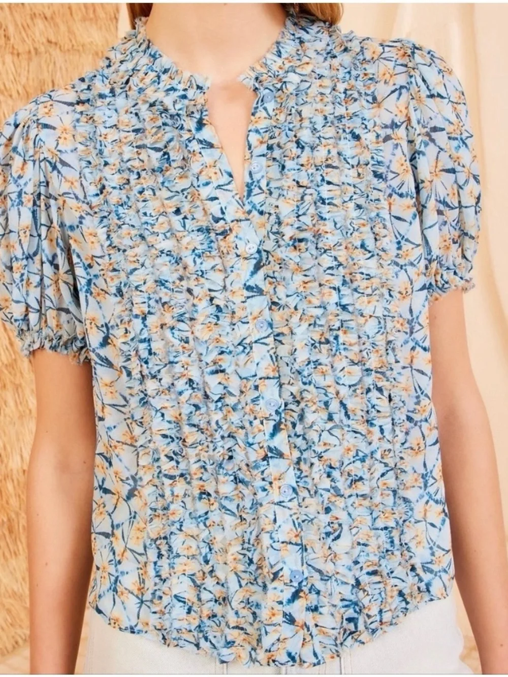 Ulla Johnson Adira Floral Smocked Short-Sleeve Blouse